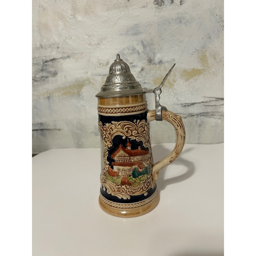Vintage German Beer Stein Giessen Coat of Arms Lidded Ceramic Mug Cobalt Blue